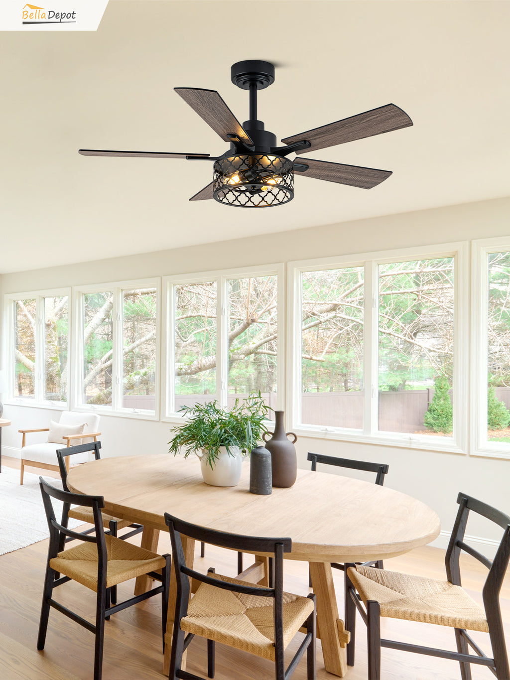 46 Inch Farmhouse Caged Ceiling Fan with Light and Remote, 6-Speed DC Motor Reversible Ceiling Fan, Dual-Finish Blades, Adjustable Height