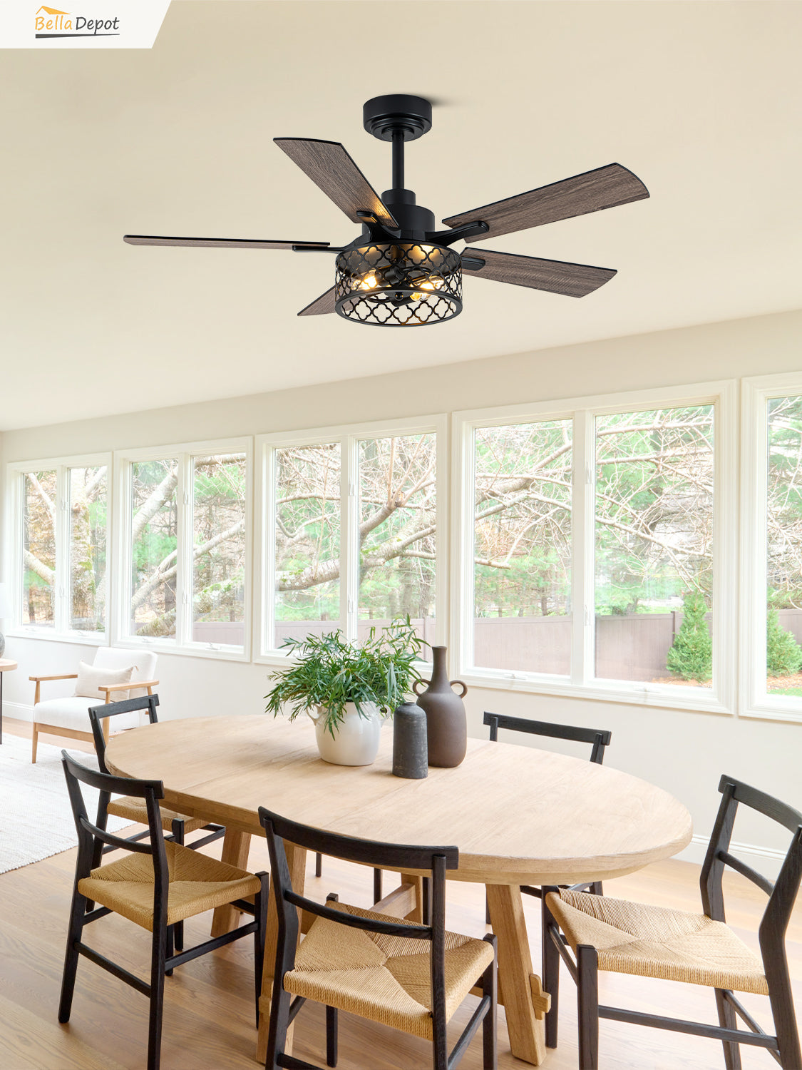 46 Inch Farmhouse Caged Ceiling Fan with Light and Remote, 6-Speed DC Motor Reversible Ceiling Fan, Dual-Finish Blades, Adjustable Height