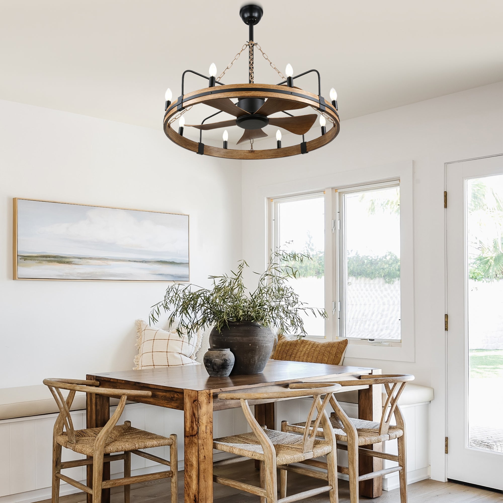 36 Inch Farmhouse Wagon Wheel Ceiling Fan with Lights and Remote Control, 6 Speeds DC Motor Bladeless Fandelier Ceiling Fan