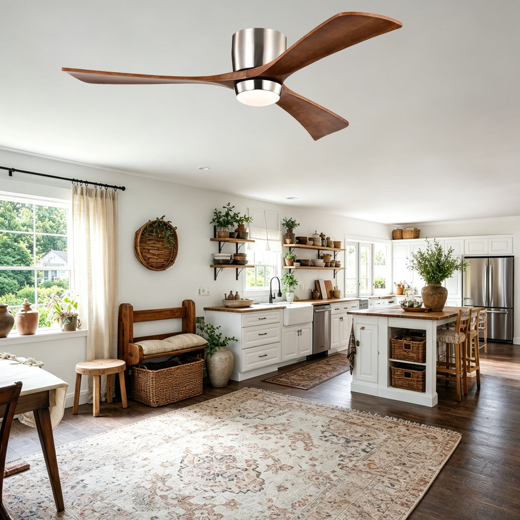 52 Inch Modern Farmhouse Stain Nickel Flush Mount Ceiling Fan with Lights & Remote Control, 6 Speed DC Motor Reversible Ceiling Fan