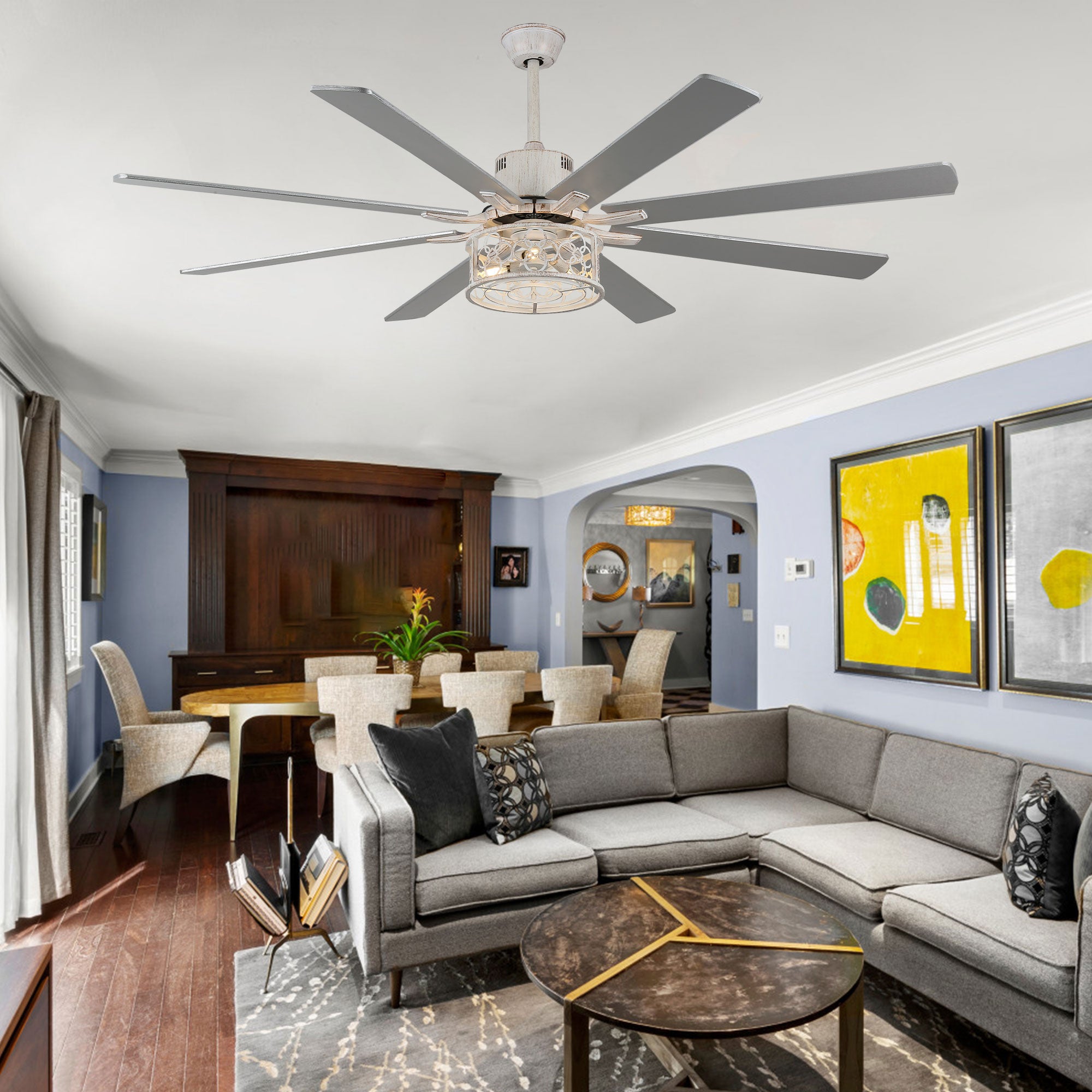72 Inch 8-Blade Black/White Farmhouse Ceiling Fan with Lights and Remote, 6 Speeds DC Motor Reversible Extra Large Caged Ceiling Fan