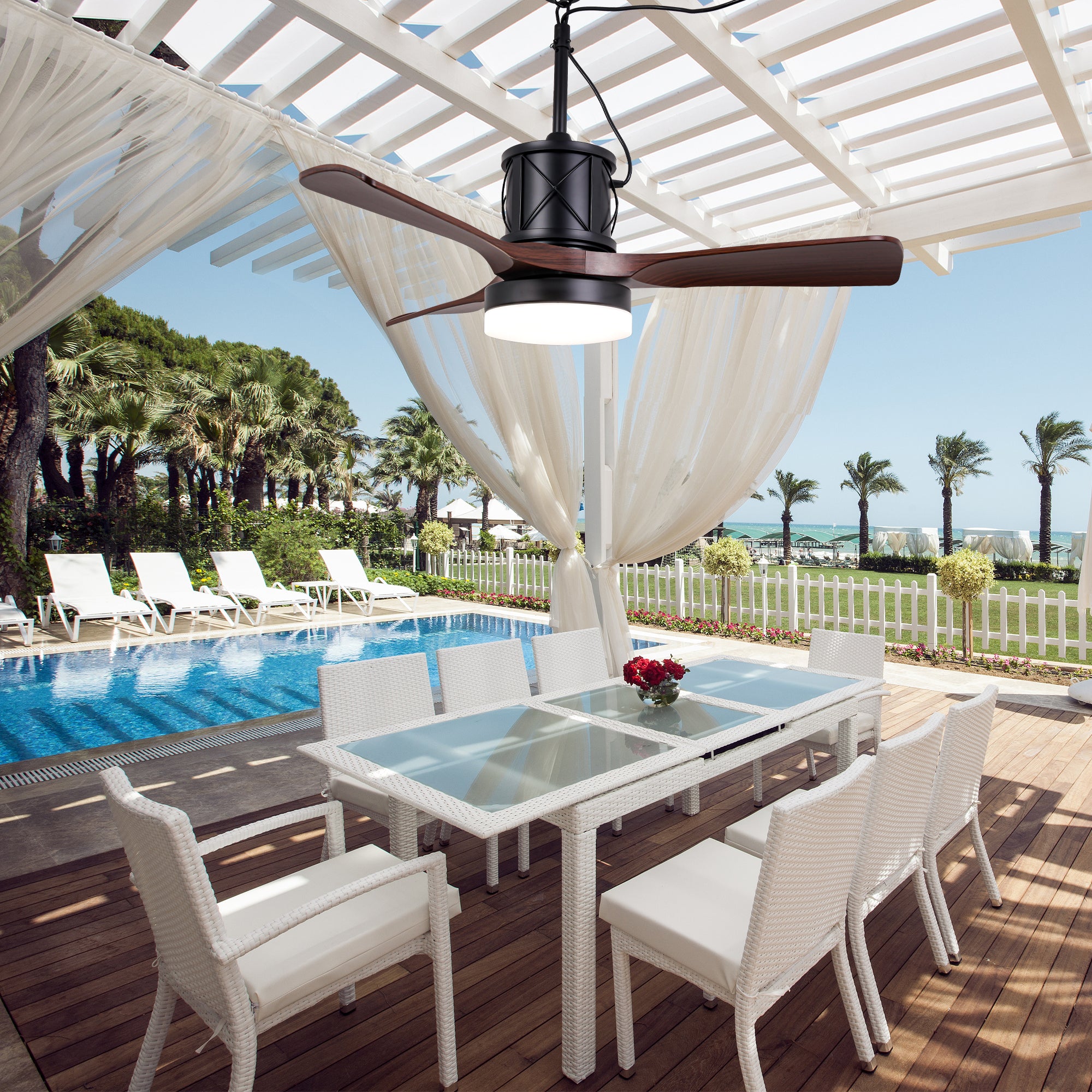 42 Inch Modern Farmhouse Smart Outdoor Ceiling Fan with Dimmable LED and Remote, 6 Speeds Waterproof Ceiling Fans Plug In Outside Patio Fan