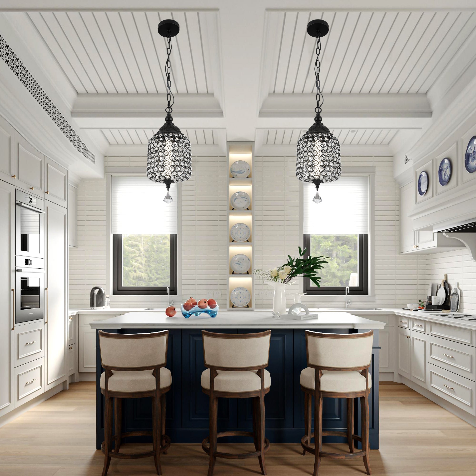 FC4074-BellaDepot LED Black/Silver Finish Modern Crystal Chandelier, Height Adjustable Geometric Pendant Light