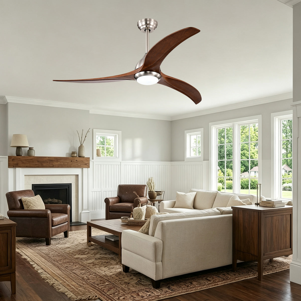 52 Inch Modern Stain Nickel Walnut Wood Ceiling Fan with Lights & Remote Control, 6 Speed DC Motor Reversible Ceiling Fan