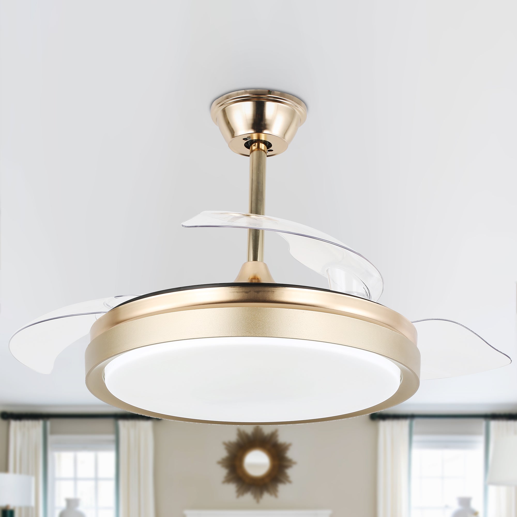 DC4205-BellaDepot 42" Black/Gold/White Finish Retractable Ceiling Fan with Remote and LED Light Kit Included, CCT Dimmable Ceiling Fan