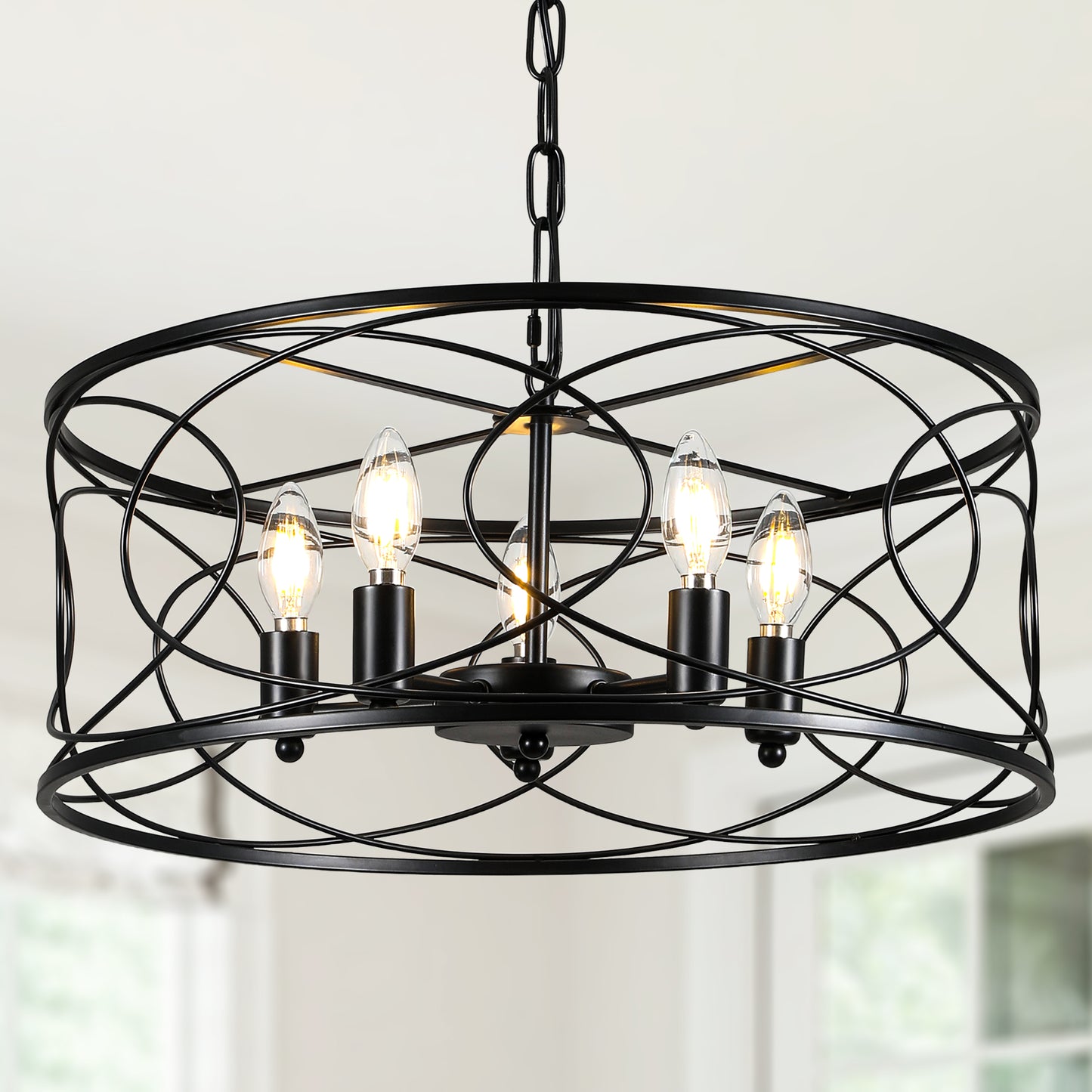 FC4078-Black/Silver Simple Linear Metal Caged Chandelier, Geometric Pendant Light, with Light Kit and Adjustable Chain