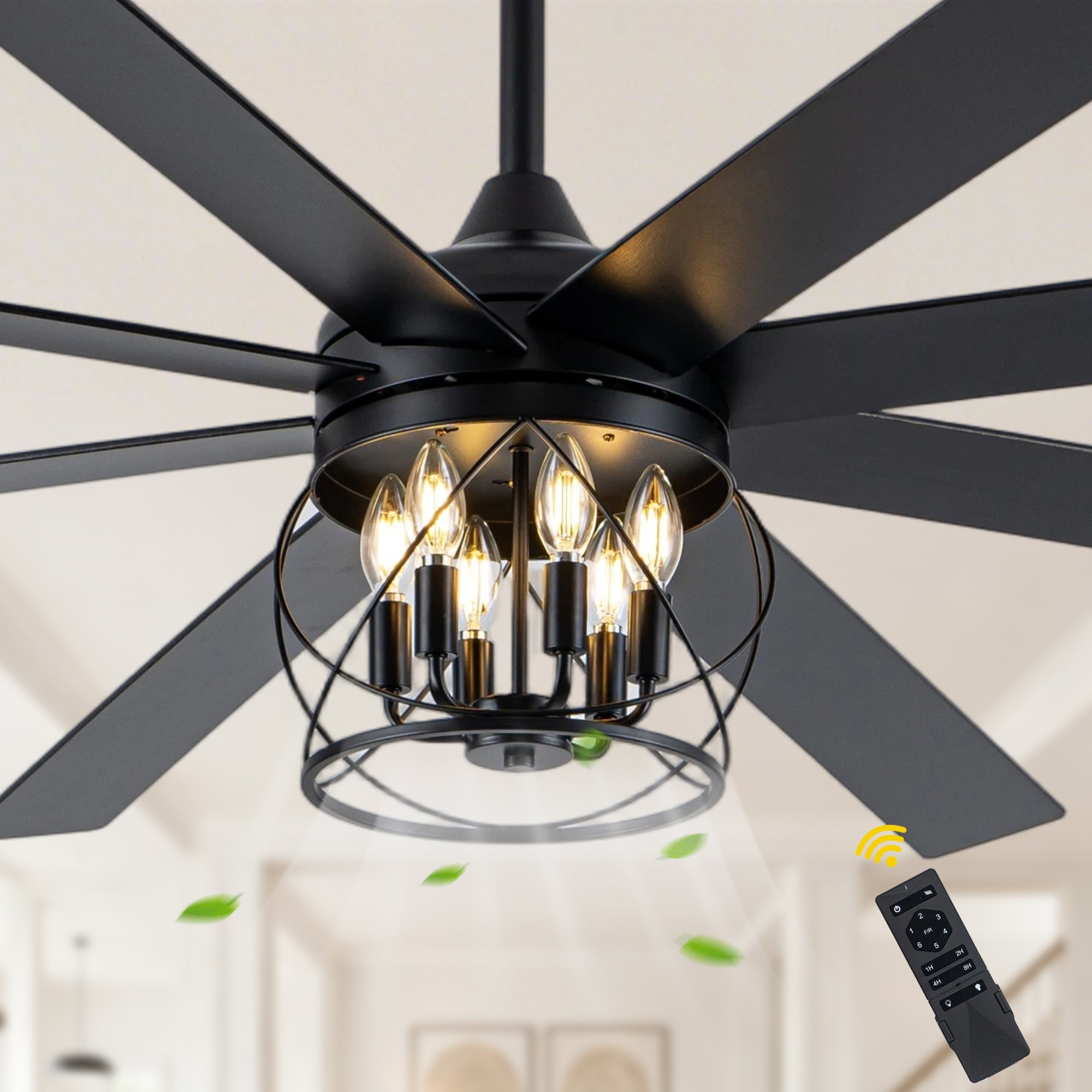 52 Inch Rustic Black Ceiling Fan with Lights and Remote, 6-Speed DC Motor Reversible Farmhouse Industrial Ceiling Fan