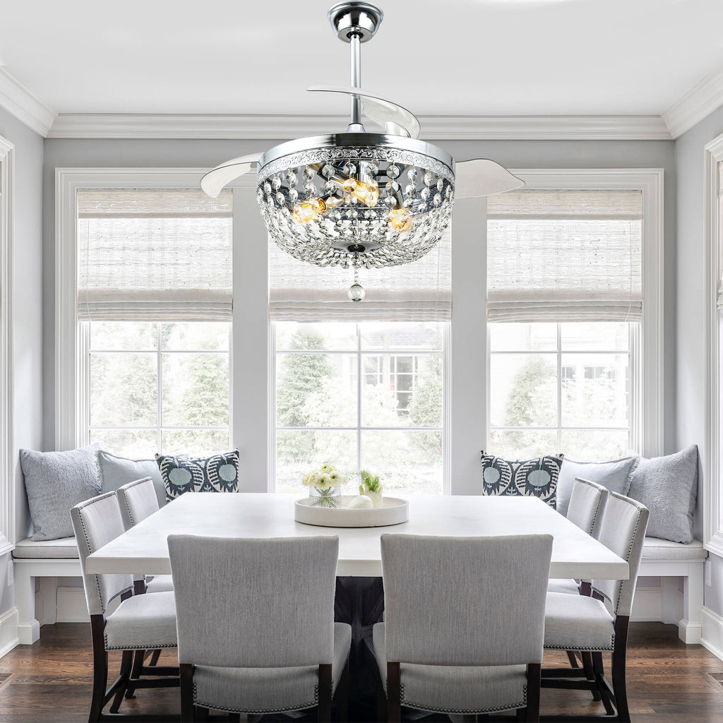 42 Inch Chrome Modern Glam Crystal Retractable Ceiling Fan with Lights and Remote Control, 6 Speeds DC Motor Fandelier Ceiling Fan