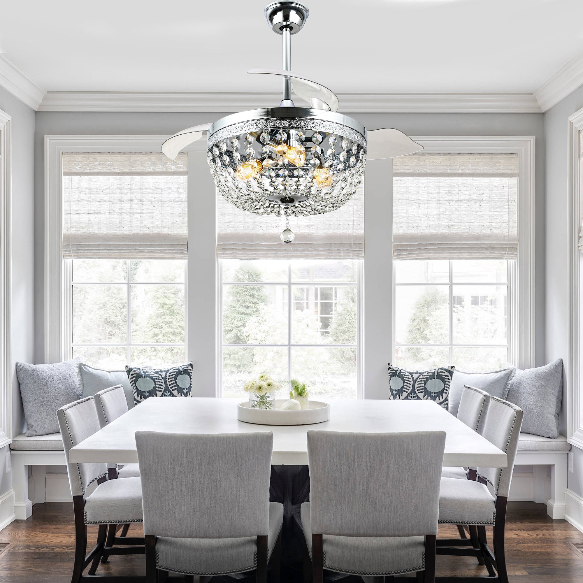 DC4269-C-BellaDepot 42" Retro Silver Crystal Chandelier Ceiling Fan with Invisible Blades and Remote Control, Retractable Ceiling Fan for Living Room