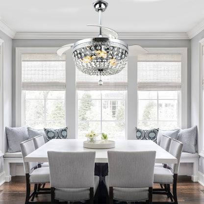 BellaDepot 42" Retro Silver Crystal Chandelier Ceiling Fan with Invisible Blades and Remote Control, Retractable Ceiling Fan for Living Room- DC4269-C