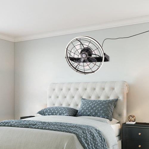 23 Inch Black Modern Wall Mounted Caged Ceiling Fan with Dimmable LED Lights and Remote, 6 Speeds Plug In Bladeless Ceiling Fan