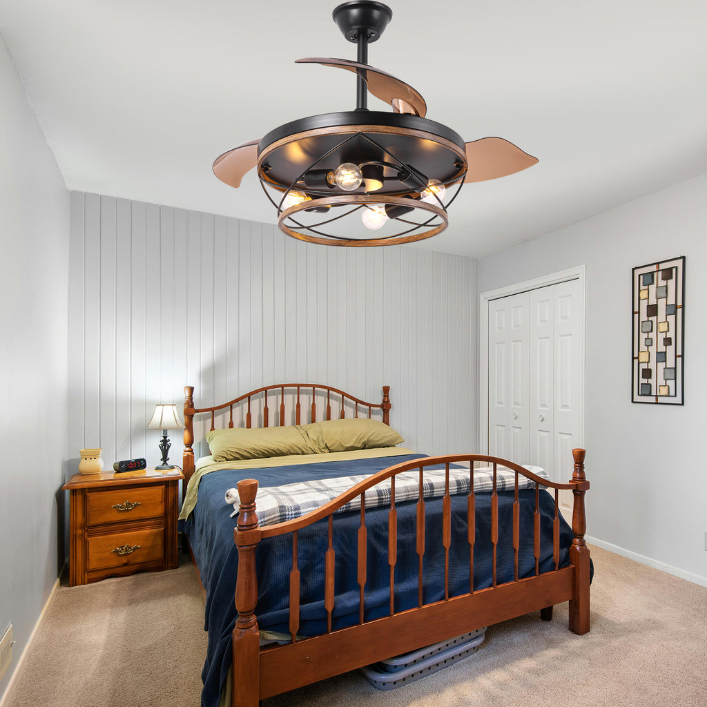 42 Inch Farmhouse Retractable Ceiling Fan with Lights and Remote Control, 6 Speeds Reversible Bladeless Ceiling Fan for Bedroom