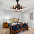 42 Inch Farmhouse Retractable Ceiling Fan with Lights and Remote Control, 6 Speeds Reversible Bladeless Ceiling Fan for Bedroom