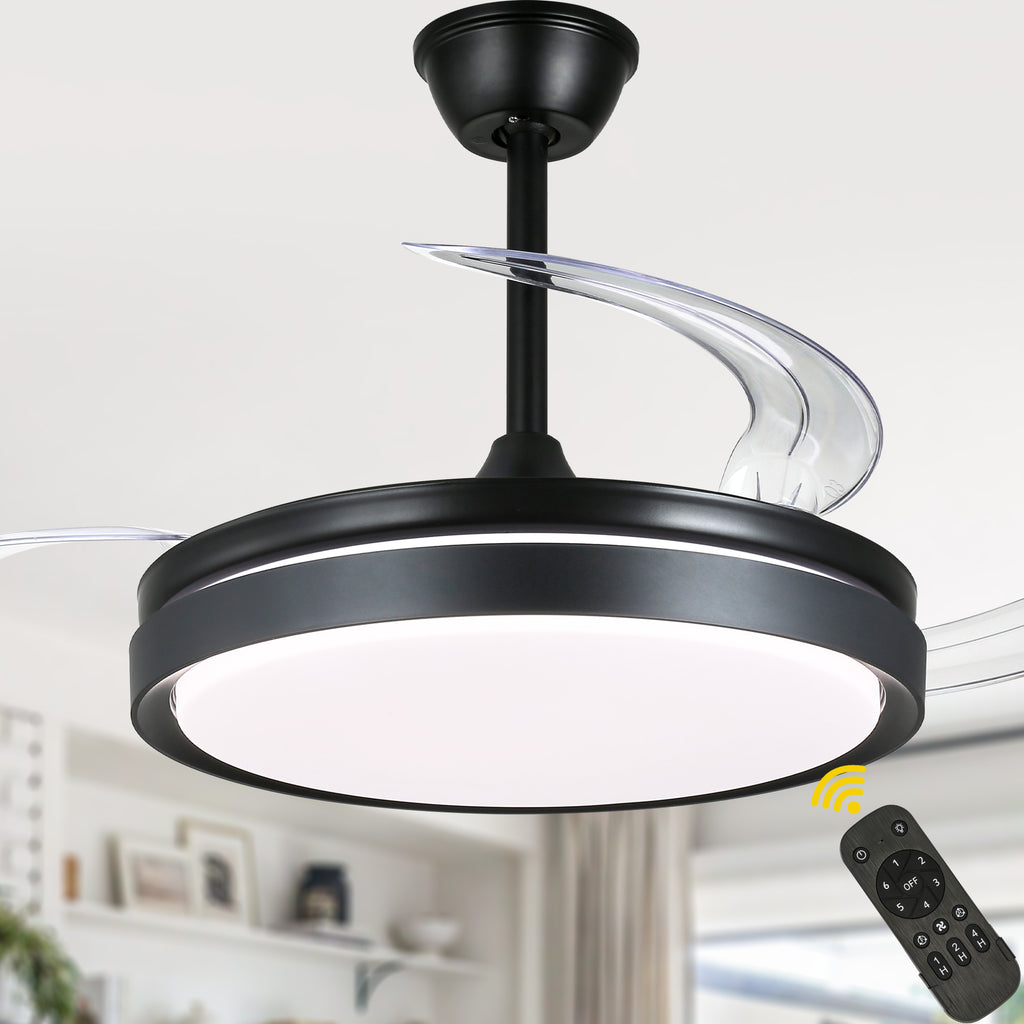 42 Inch Black/Gold/White Modern Retractable Ceiling Fan with LED Light and Remote, 6 Speeds DC Motor Bladeless Ceiling Fan for Bedroom