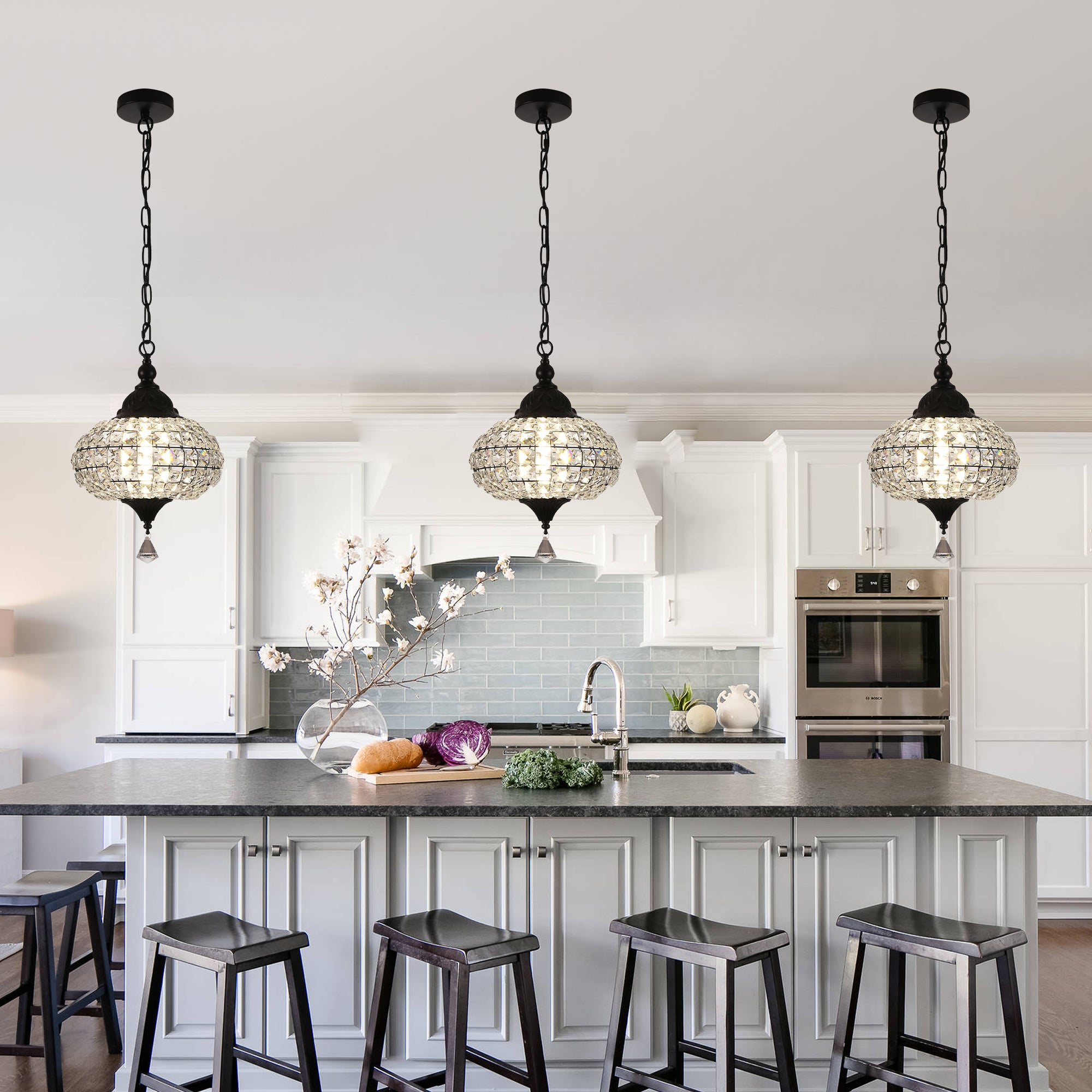 FC4073-BellaDepot LED Black/Silver Finish Luxury Crystal Geometric Chandelier, Height Adjustable Pendant Light