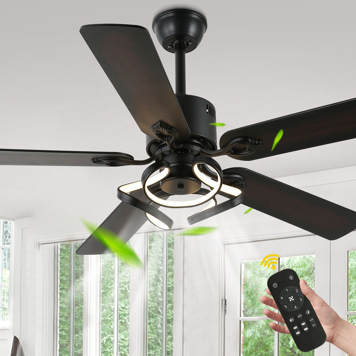 DC5217-52" 5 Wooden Blades Black/Chrome Finish Modern Reversible Ceiling Fan with Remote and Light Kit Included, 6-speed Dimmable Ceiling Fan