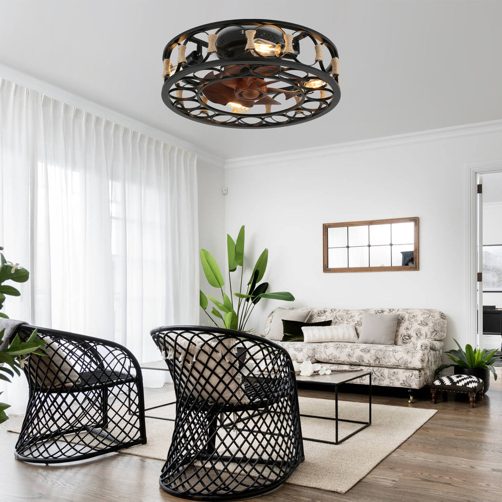 19 Inch Black Farmhouse Flush Mount Ceiling Fan with Lights and Remote, 6 Speeds DC Motor Bladeless Ceiling Fans for Low Profile Ceiling