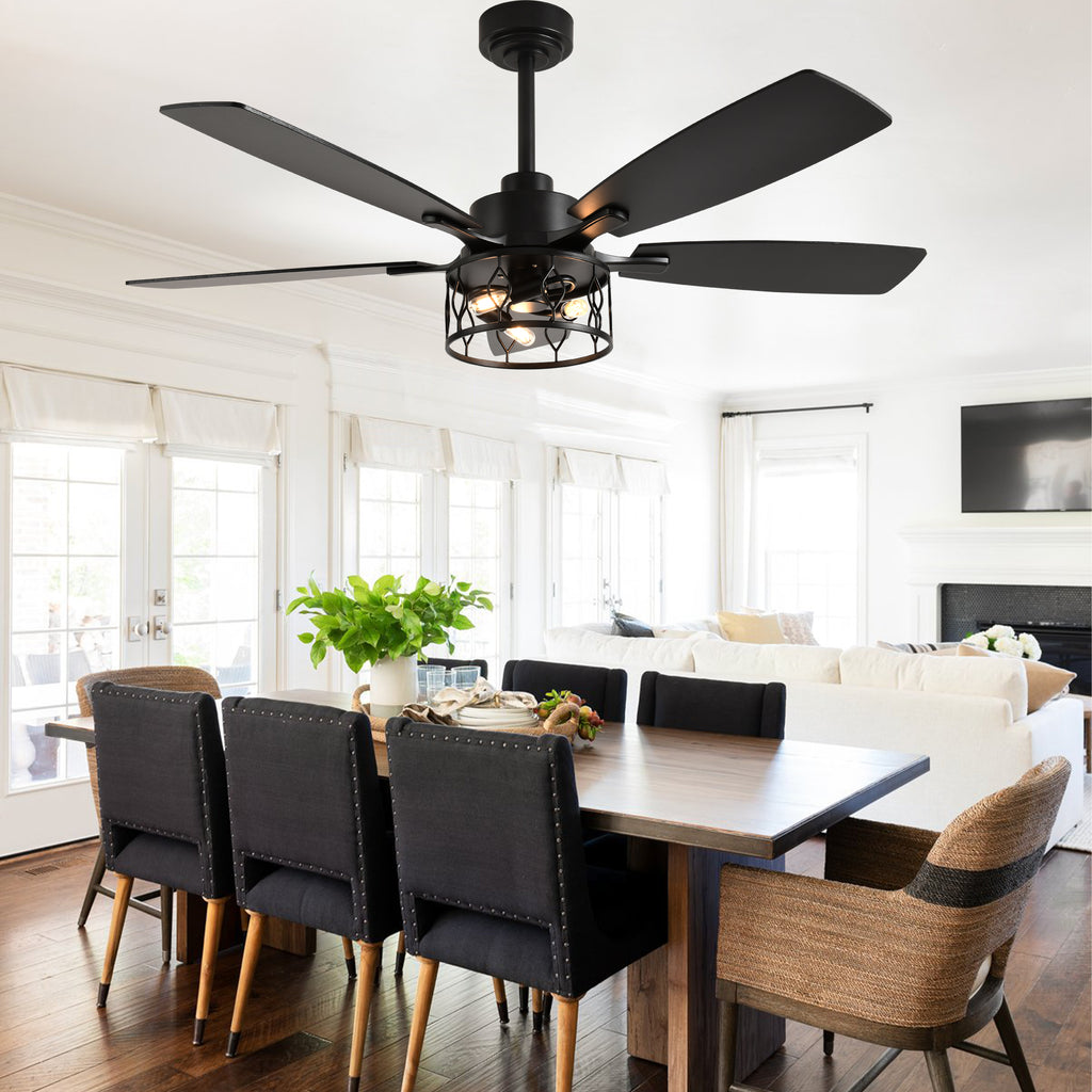 52 Inch Black Modern Ceiling Fan with Lights and Remote Control, 6 Speeds DC Motor Reversible Ceiling Fan for Living Room