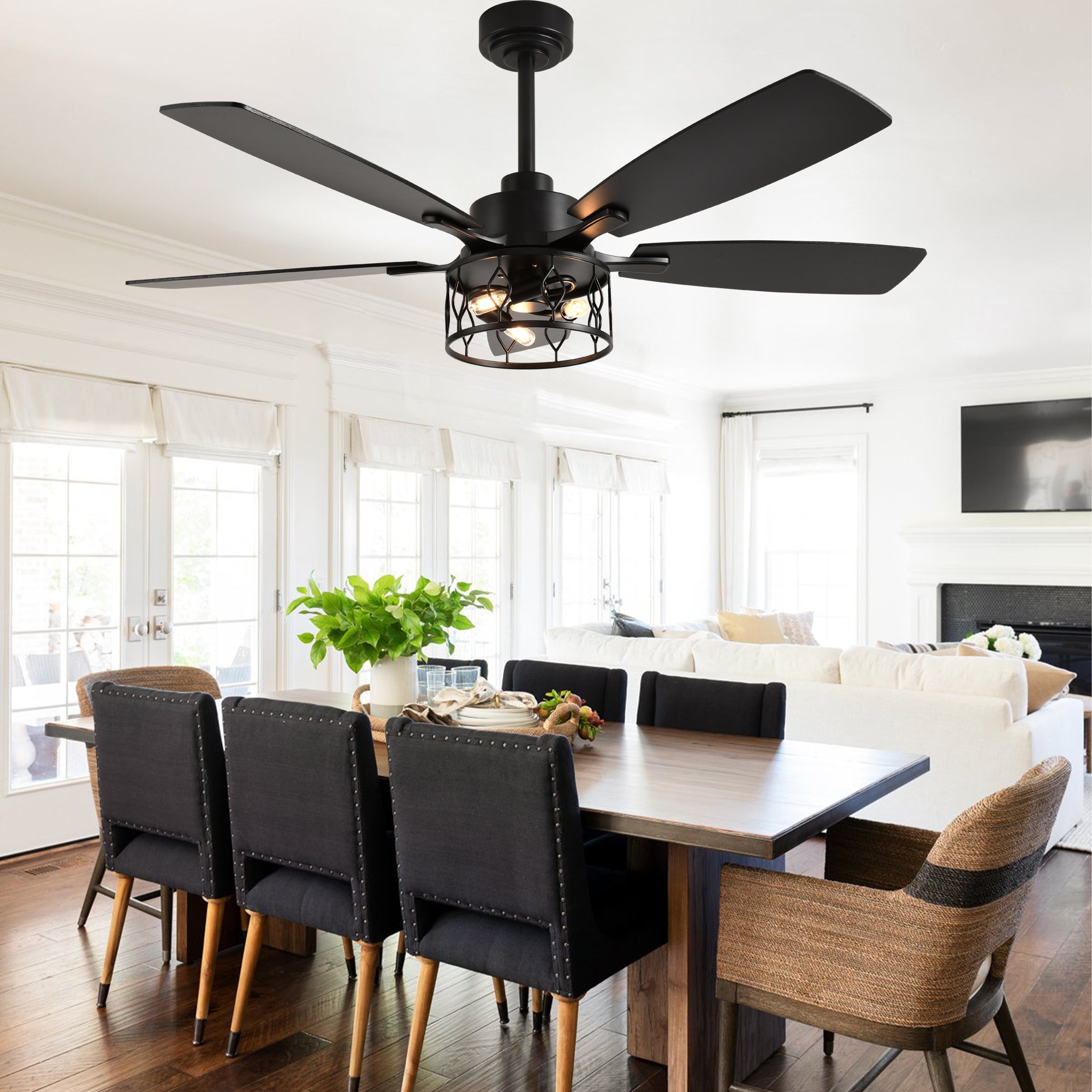 52 Inch Black Modern Ceiling Fan with Lights and Remote Control, 6 Speeds DC Motor Reversible Ceiling Fan for Living Room