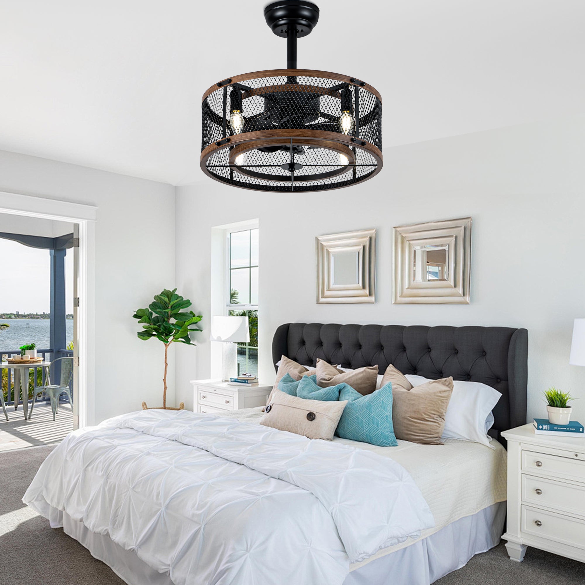 20 Inch Farmhouse Industrial Cage Ceiling Fan with Light and Remote, 6-Speed Reversible DC Motor Fandelier Bladeless Ceiling Fan
