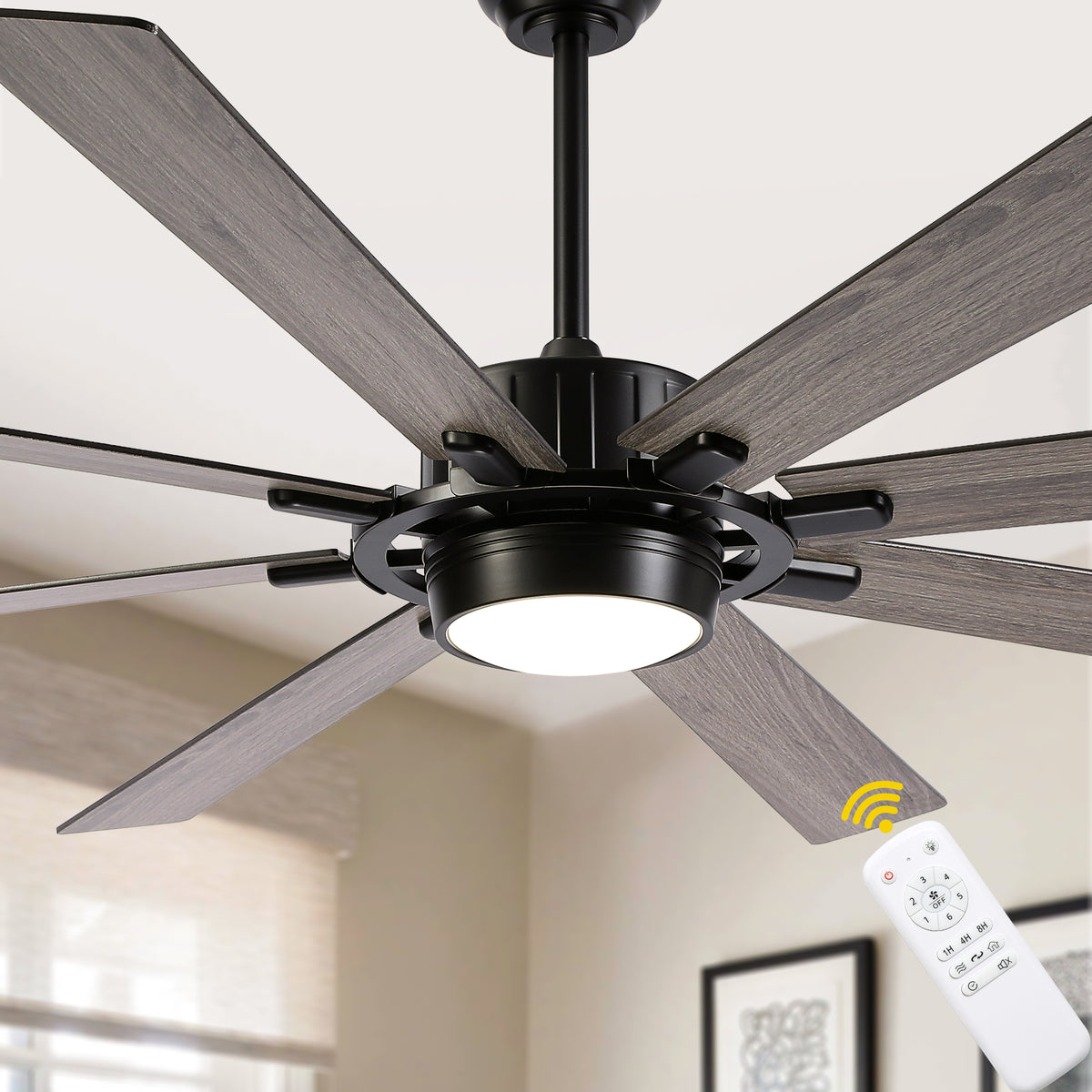 72 Inch 8-Blade Black Farmhouse Extra Large Ceiling Fan with LED Light ...