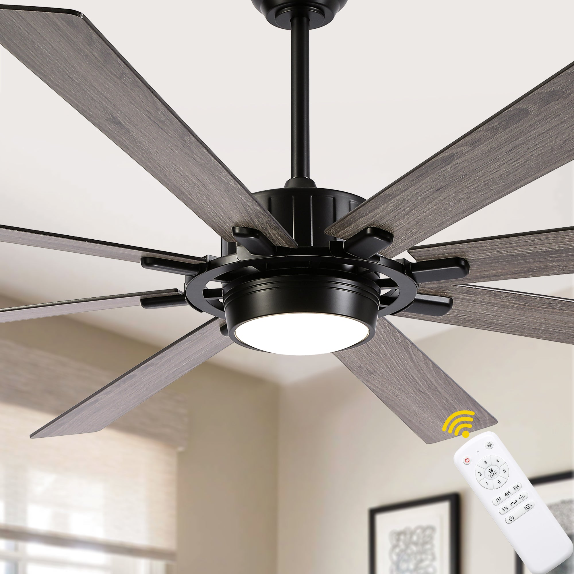 72 Inch 8-Blade Black Farmhouse Extra Large Ceiling Fan with LED Light and Remote, 6 Speeds DC Motor Reversible Ceiling Fan for Large Room