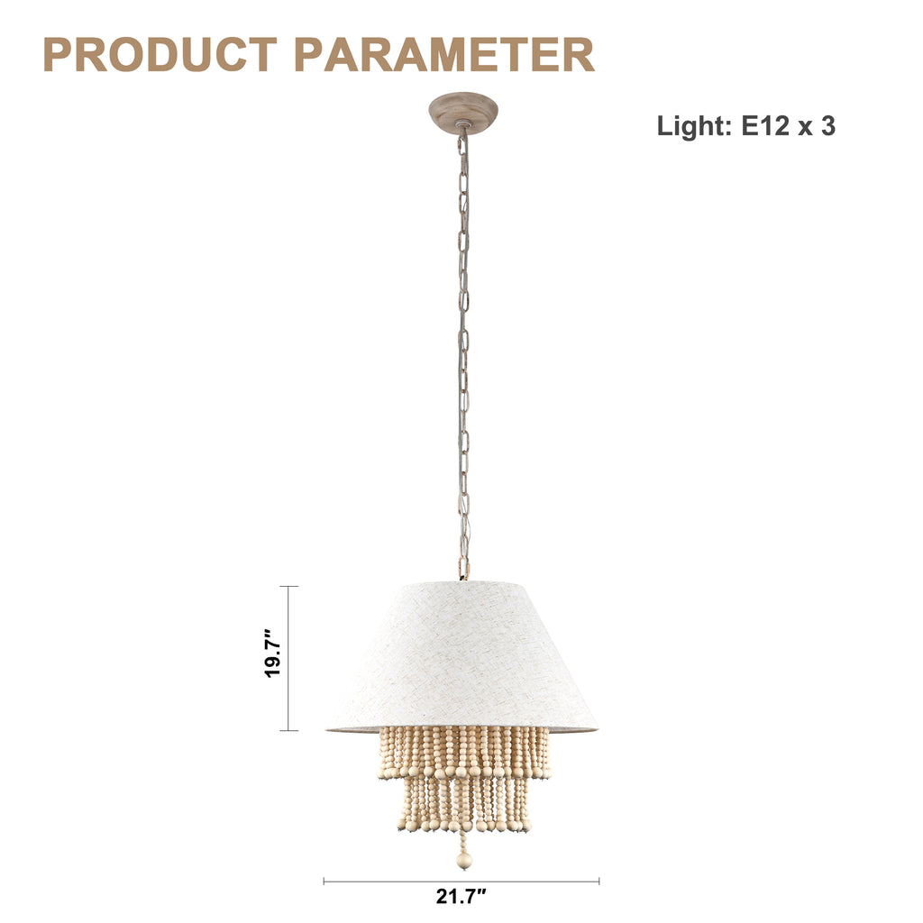 3 - Lights Bohemian Drum Chandelier with Wood Beaded Shade, Fabric Chandelier for Dining Room Living Room