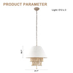 3 - Lights Bohemian Drum Chandelier with Wood Beaded Shade, Fabric Chandelier for Dining Room Living Room