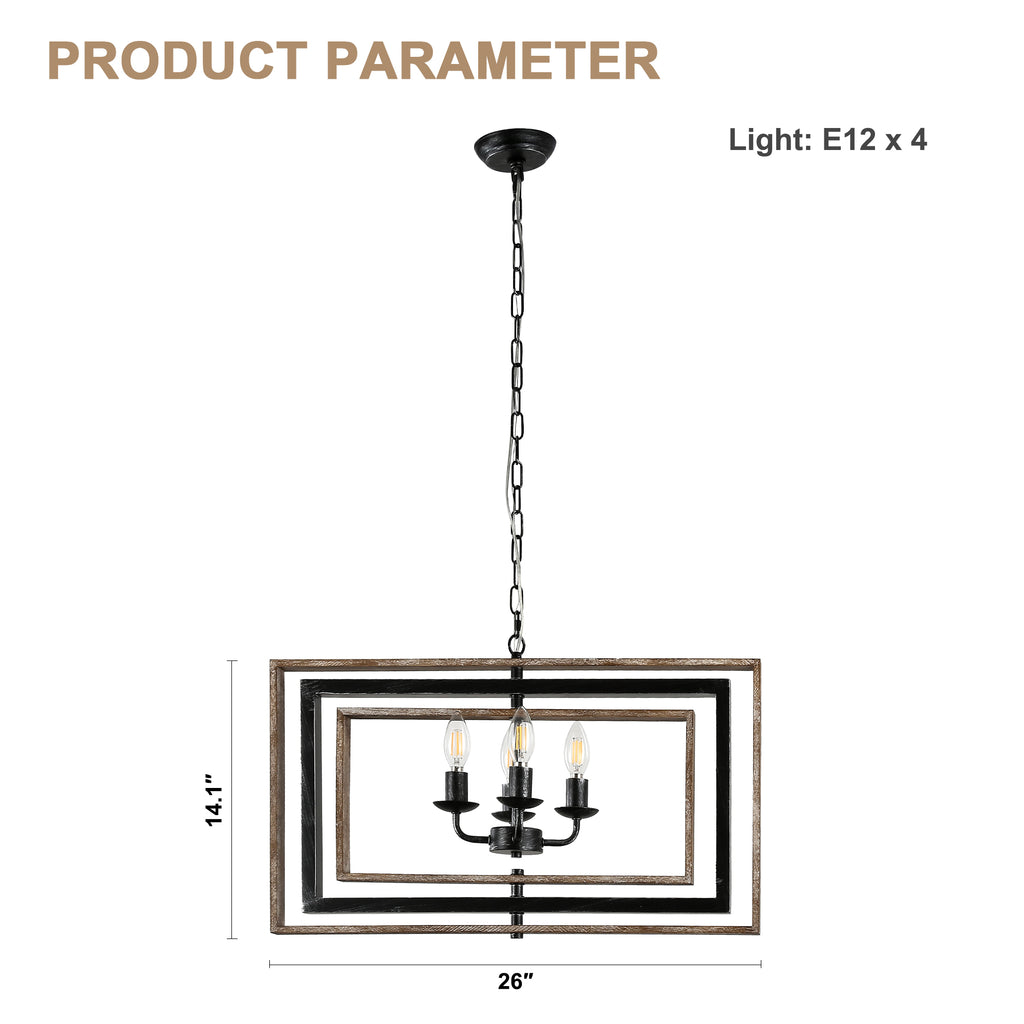 4 - Lights Industrial Geometric Chandelier, Farmhouse Wood Chandelier for Enrtyway with DIY Shape Height Adjustable