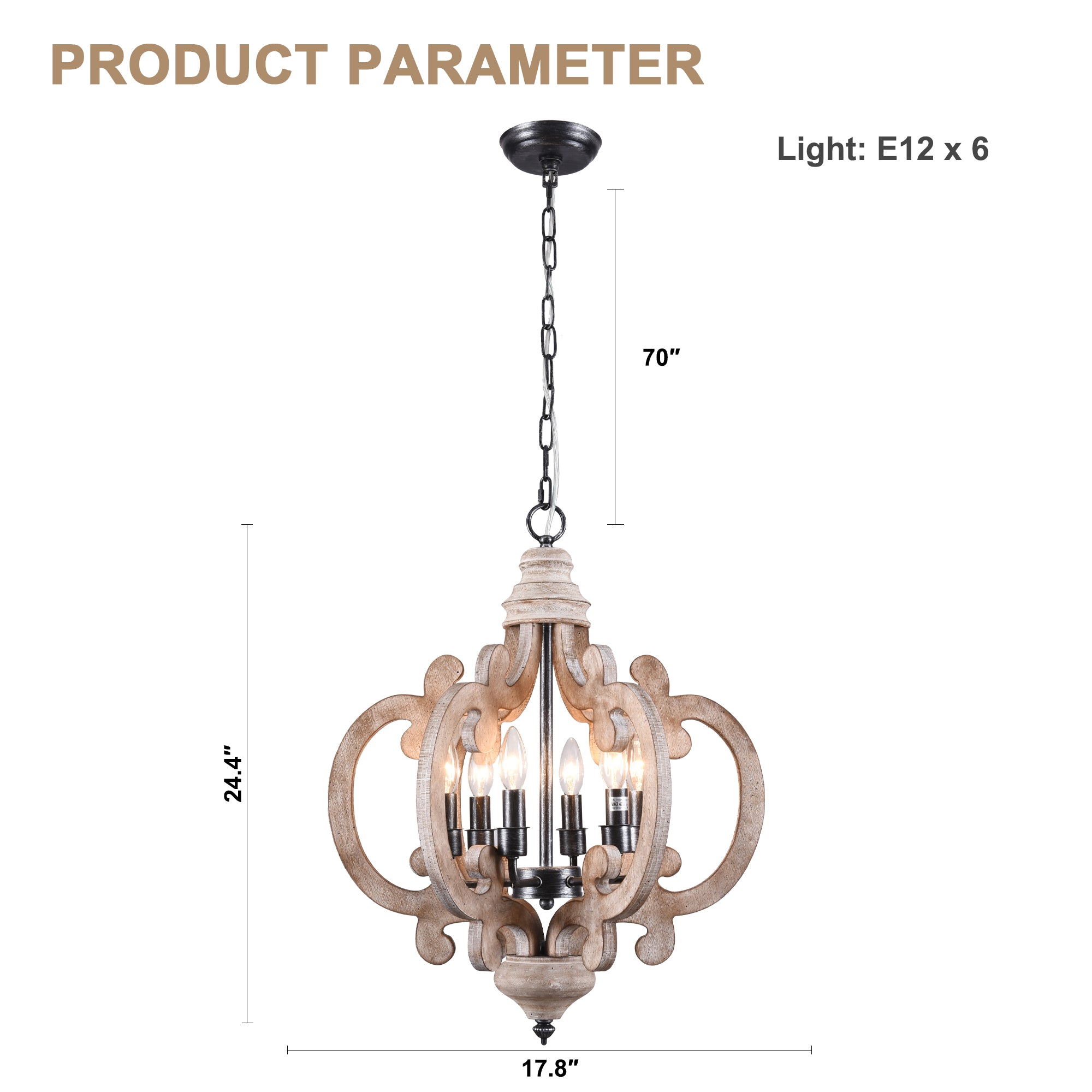 6-Light Distressed Wood French Country Vintage Geometric Chandelier with Adjustable Chain, Farmhouse Solid Wooden Chandelier