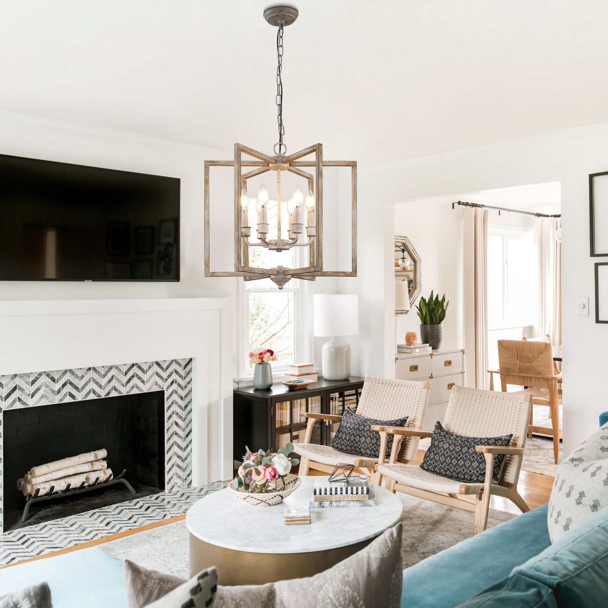 FC4115-BellaDepot 6 Lights Geometric Wood Chandelier, Height Adjustable Home Decoration Pendant Light