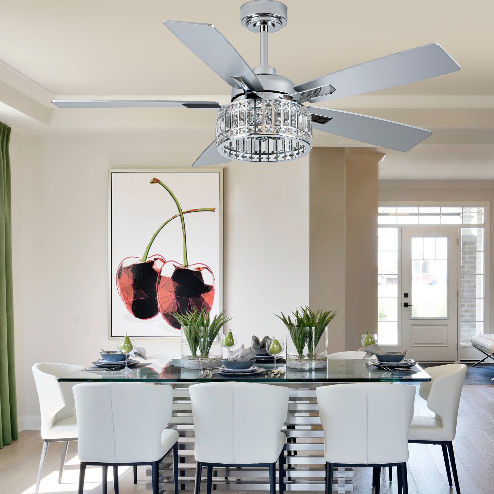 52 Inch Luxury Crystal Caged Chrome Ceiling Fan with Remote, 6-Speed Adjustable, Light Included, Reversible Blades for Living Room & More