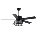 52 Inch Modern Glam Crystal Ceiling Fan with Lights and Remote, 6 Speeds DC Motor Black Reversible Ceiling Fan with Crystal Cage