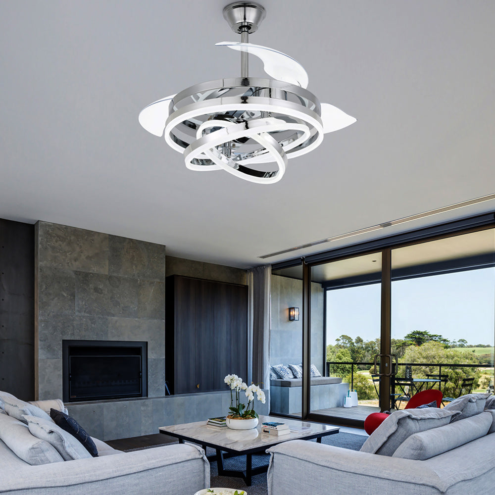 DC3664-BellaDepot 36" Chrome/Nickel/Brown DIY Shape Reversible Ceiling Fan with Remote and LED Light Kit Included, Retractable Ceiling Fan