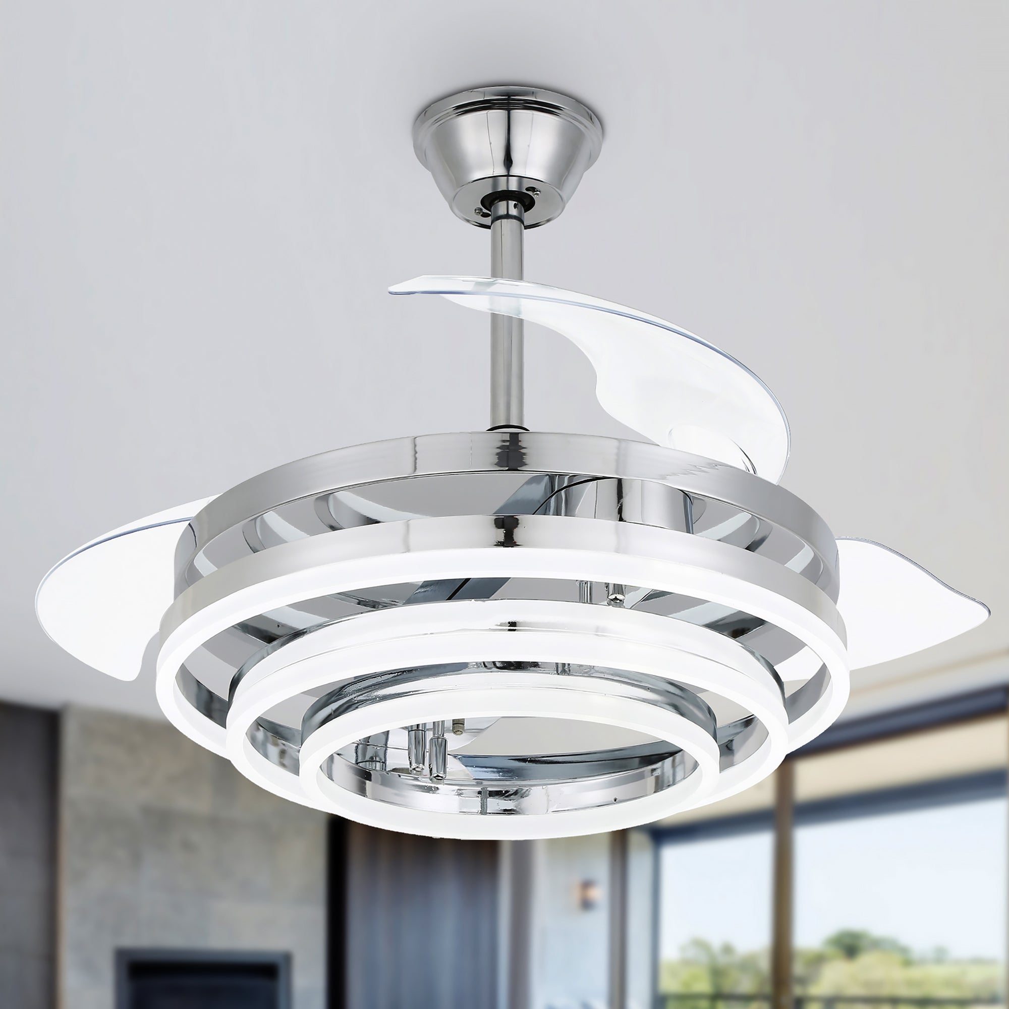 DC3664-BellaDepot 36" Chrome/Nickel/Brown DIY Shape Reversible Ceiling Fan with Remote and LED Light Kit Included, Retractable Ceiling Fan