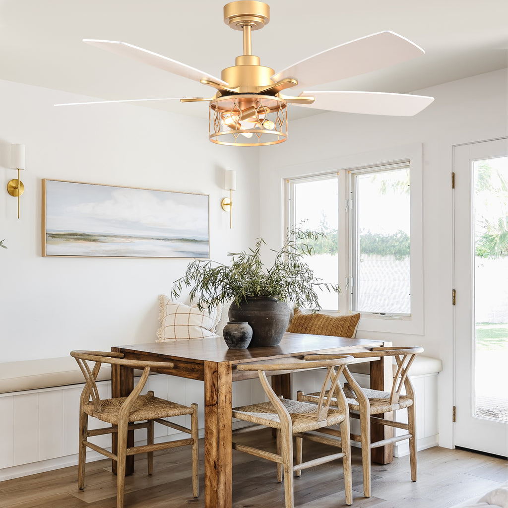 52 Inch Golden Modern Ceiling Fan with Lights and Remote Control, 6 Speeds DC Motor Reversible Ceiling Fan for Living Room