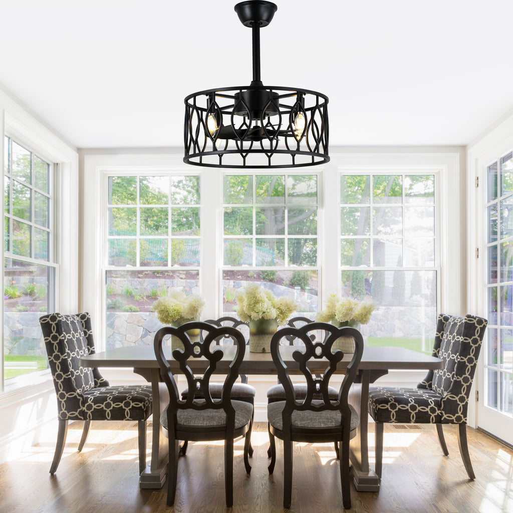 19 Inch Modern Black Caged Ceiling Fan with Lights and Remote Control, 6 Speeds DC Motor Fandelier Bladeless Ceiling Fan