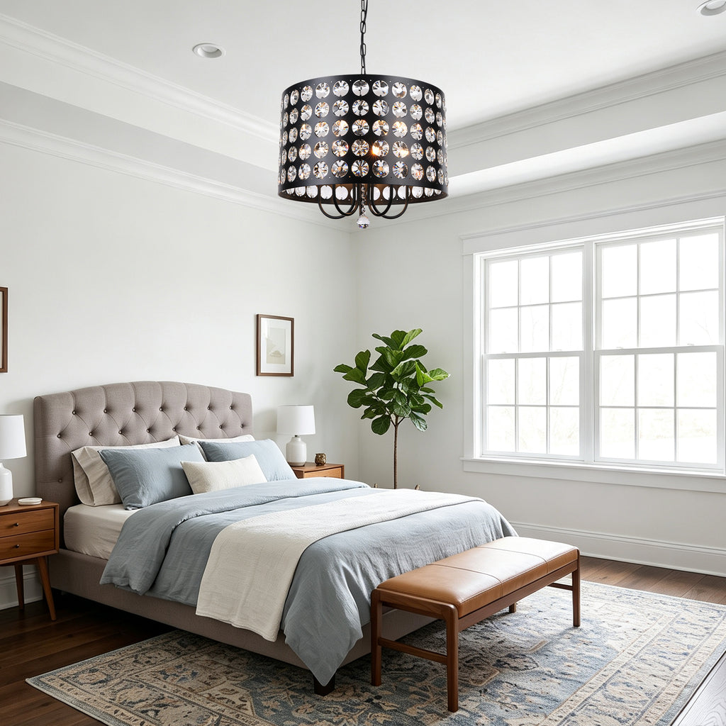 Crystal 20 Inch Metal Caged Chain Chandelier Luxurious  Modern with 5 Light Bulbs Chandelier Adjustable Chain Pendant Light Suit for Bedrooms, Kitchens, Dining Room
