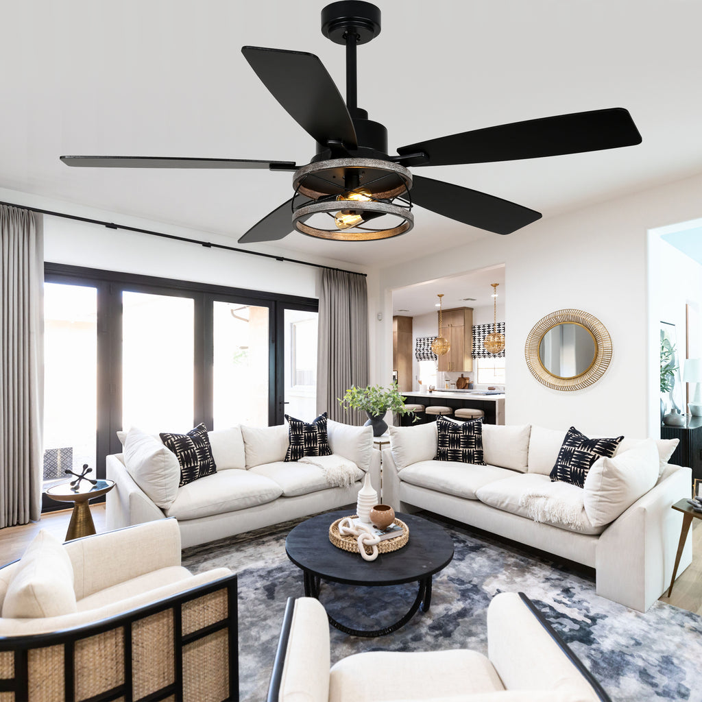 52 Inch Black Farmhouse Ceiling Fan with Lights and Remote Control, 6 Speeds DC Motor Reversible Caged Ceiling Fan