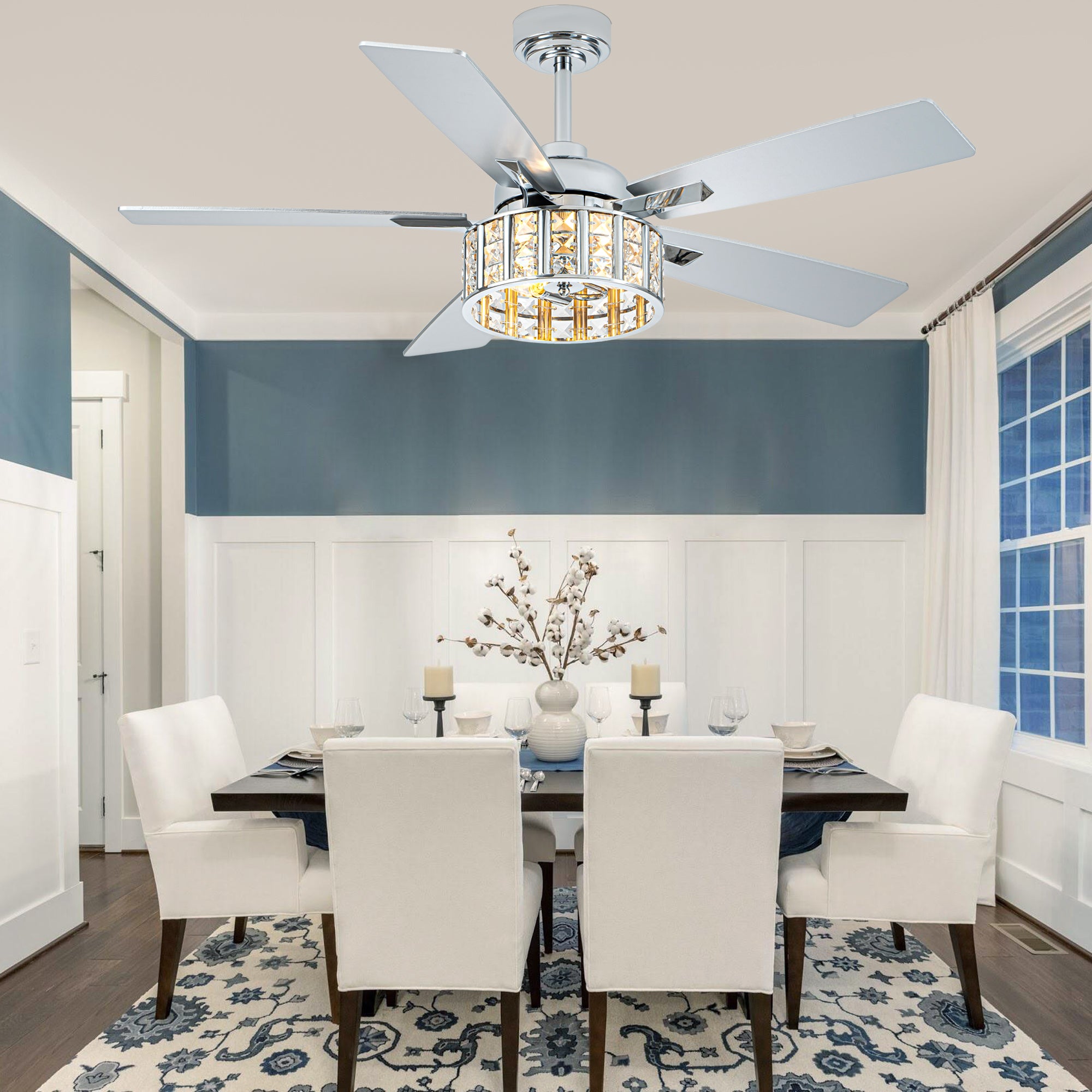 52 Inch Chrome Glam Crystal Ceiling Fan with Lights and Remote Control, 6 Speeds Reversible Ceiling Fan with Crystals