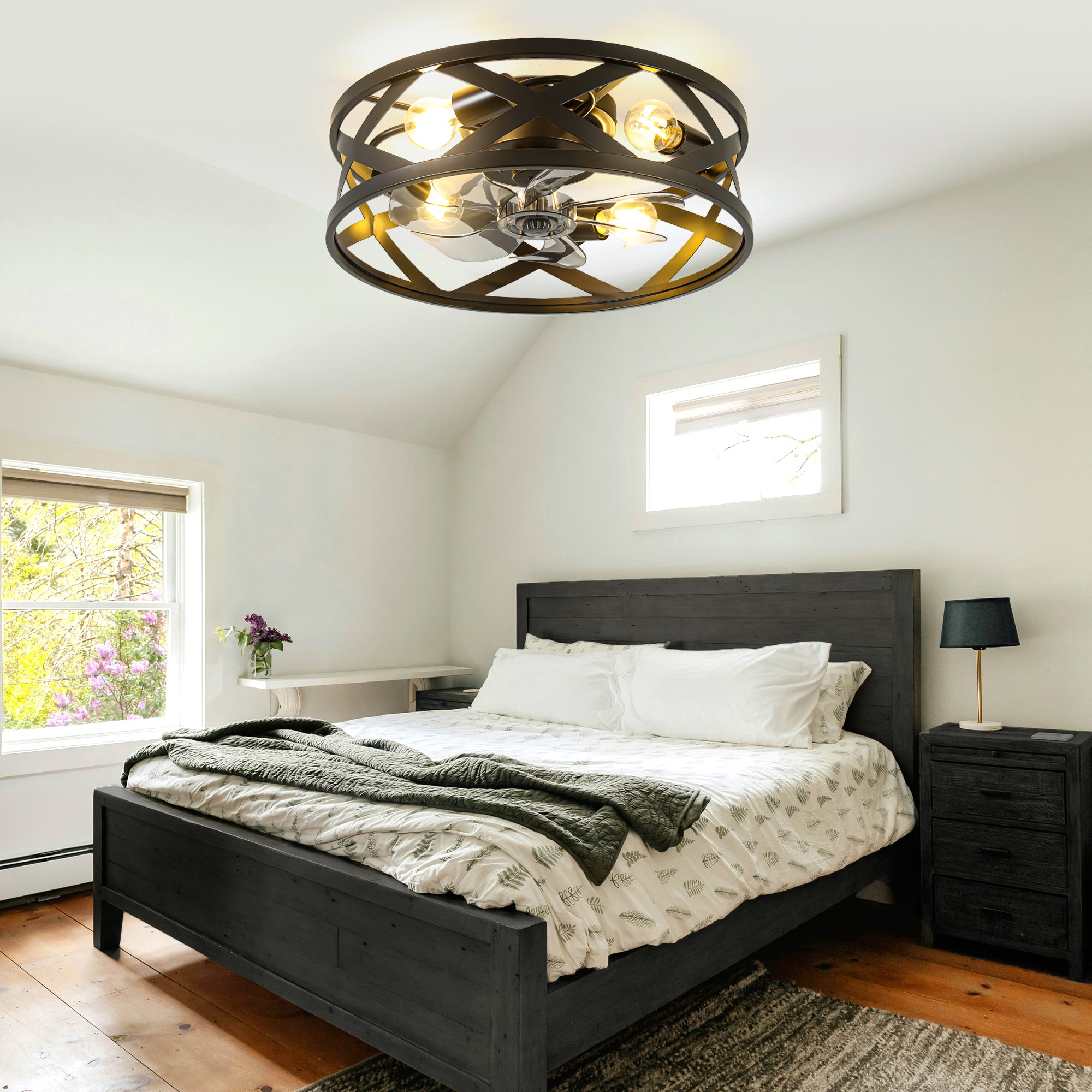 20 Inch Black Industrial Ceiling Fan with Light and Remote, 6-Speed DC Motor Bladeless Ceiling Flush Mount & Downrod Options