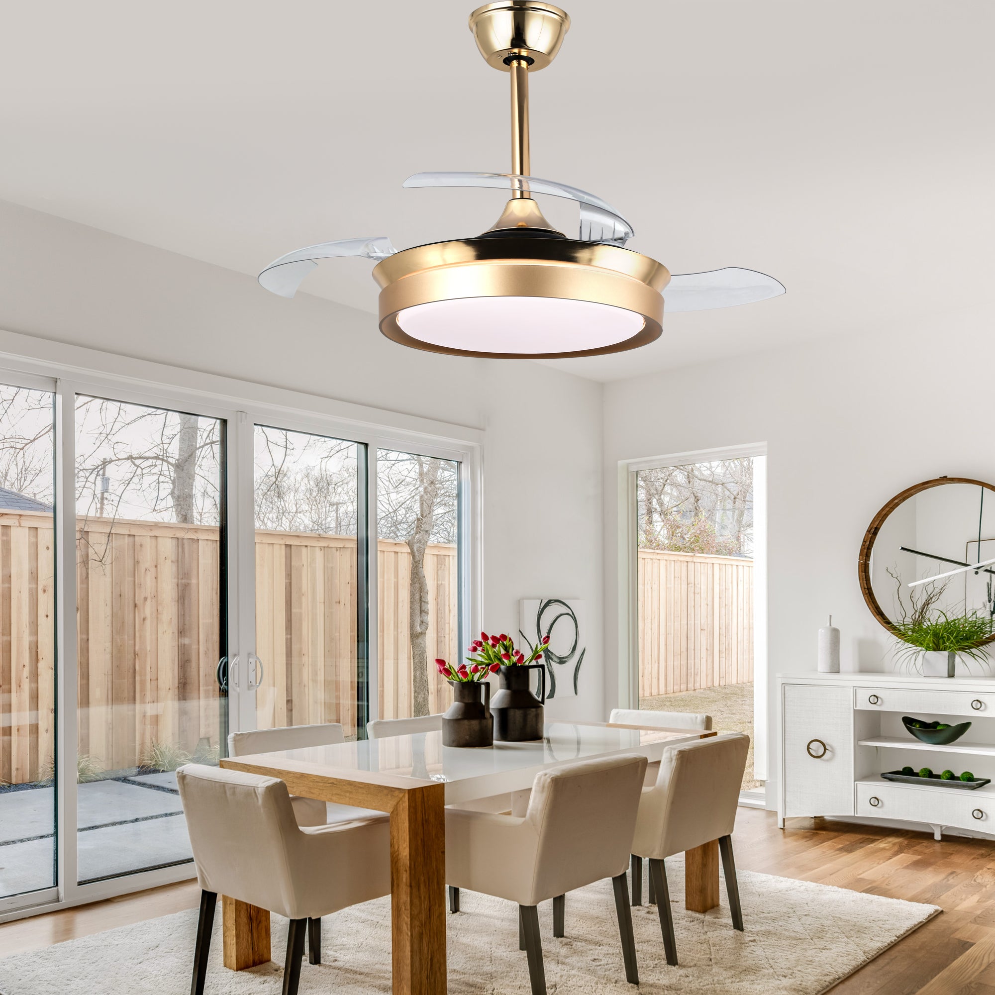 36 Inch Black/Gold/White Modern Smart Retractable Ceiling Fan with LED Light and Remote, 6 Speeds DC Motor Bladeless Ceiling Fan