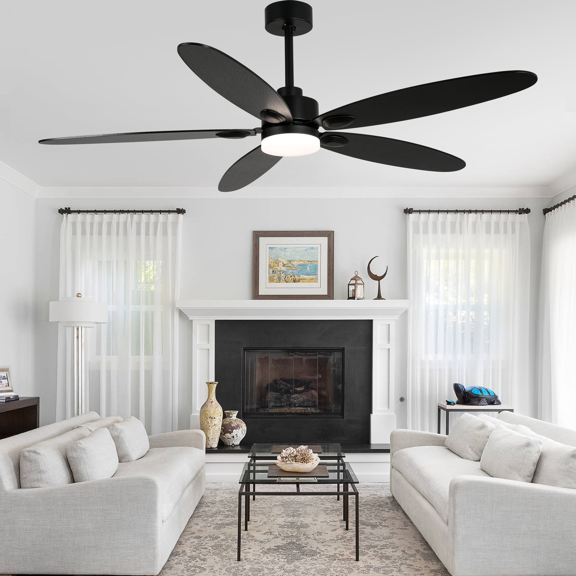 59 Inch Modern Black Ceiling Fan with Dimmable LED Light and Remote Control, 6 Speeds Reversible Ceiling Fan for Large Room