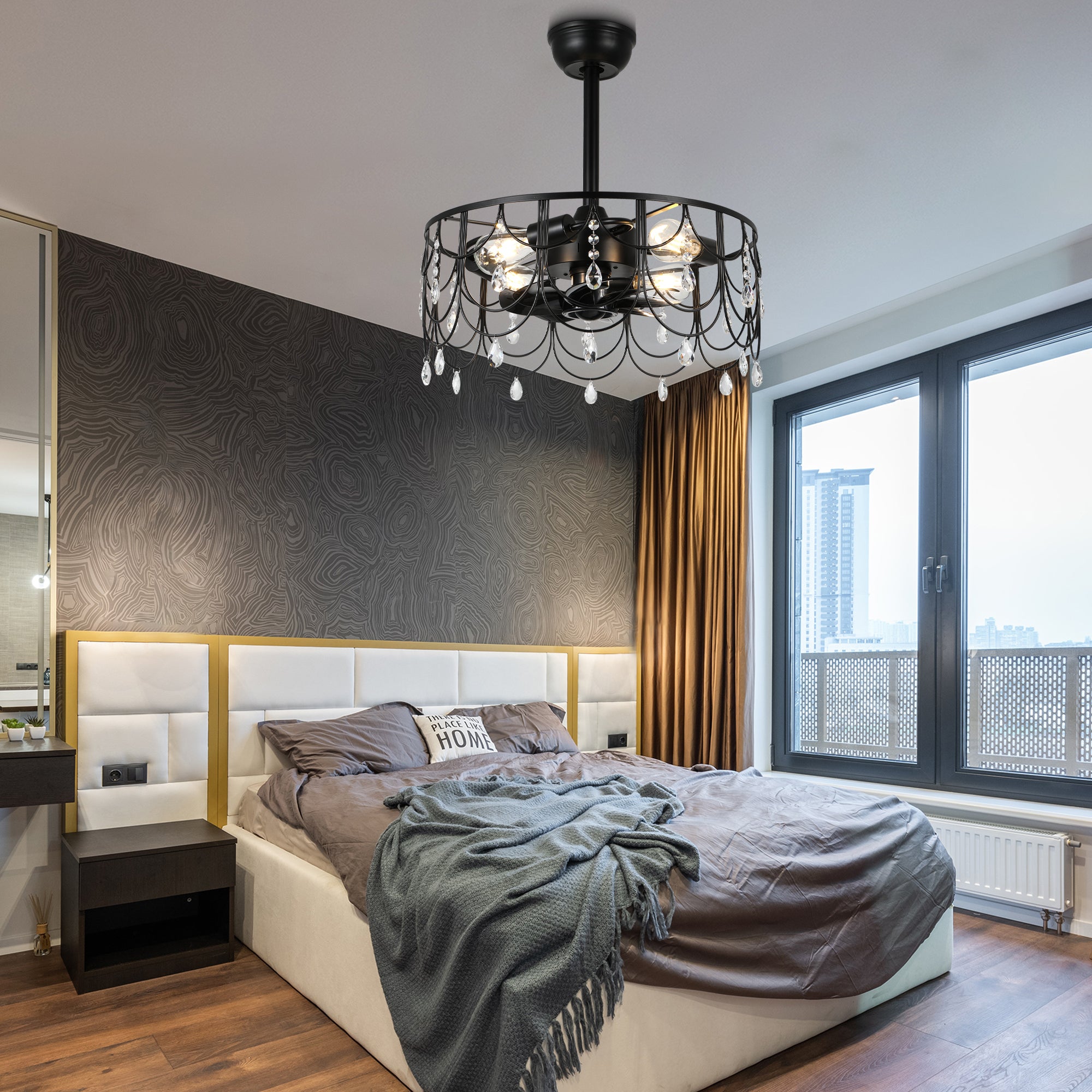 DC2105-BellaDepot 20.8" Black/Silver Dream Crystal Reversible Ceiling Fan with Remote and 4 Lights, 6-speed Bladeless Ceiling Fan