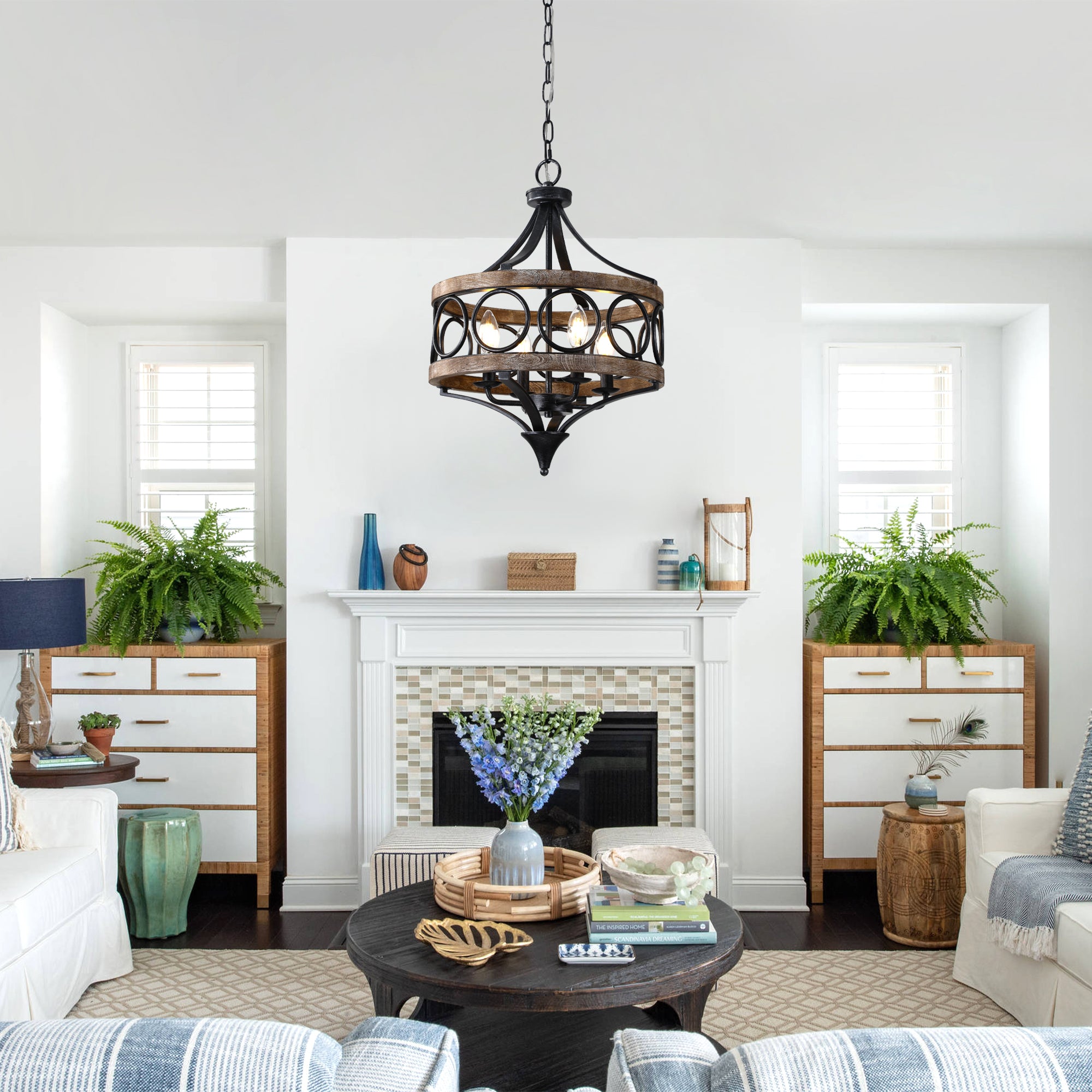 4 - Light Farmhouse Sol Wood Chandelier, 16" Rustic Geometric Chandelier Wood Cage Lantern Pendant Lights