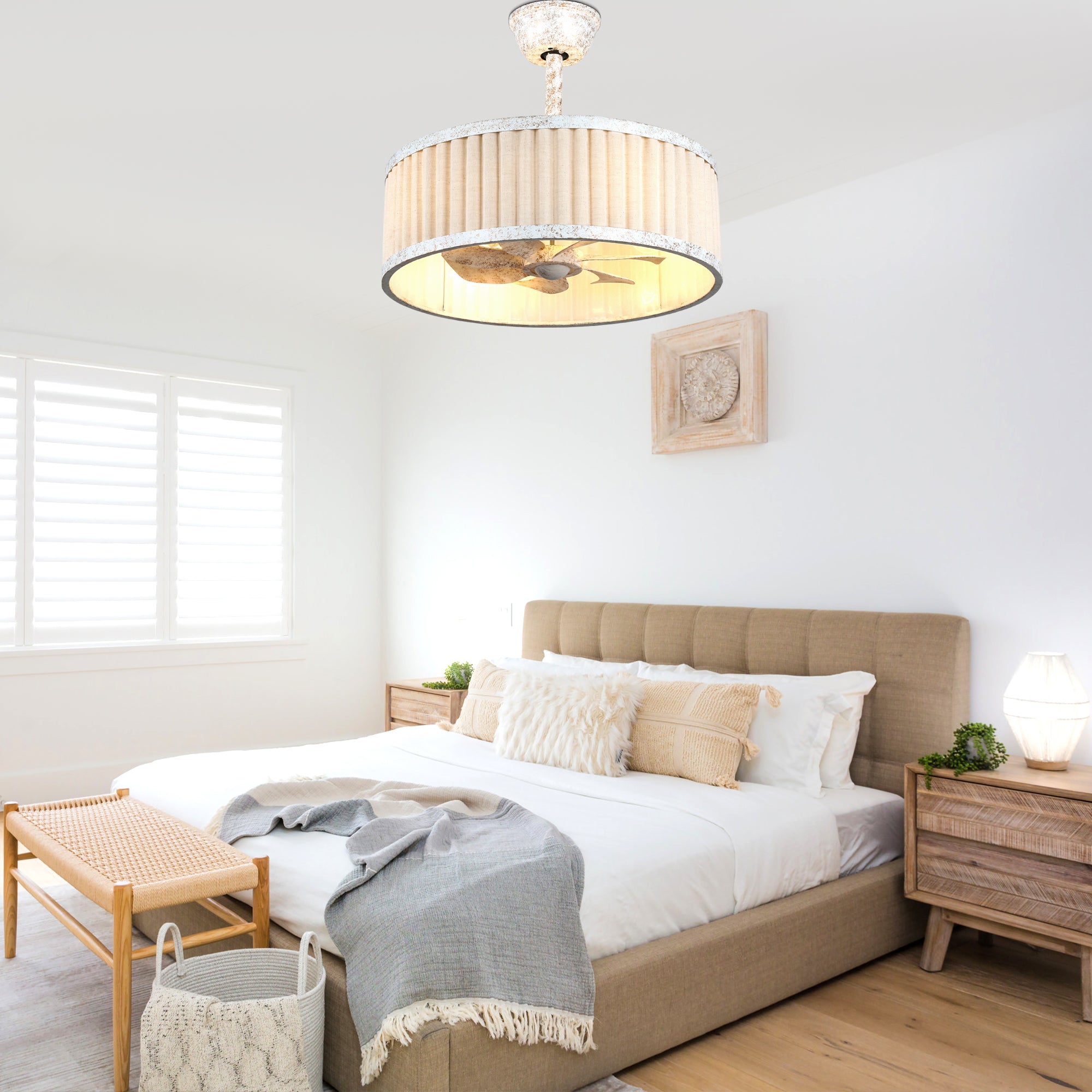 20 Inch Vintage Drum Cage Ceiling Fan with Light and Remote, 6-Speed DC Motor Distressed White Bladeless Ceiling Fan for Bedroom
