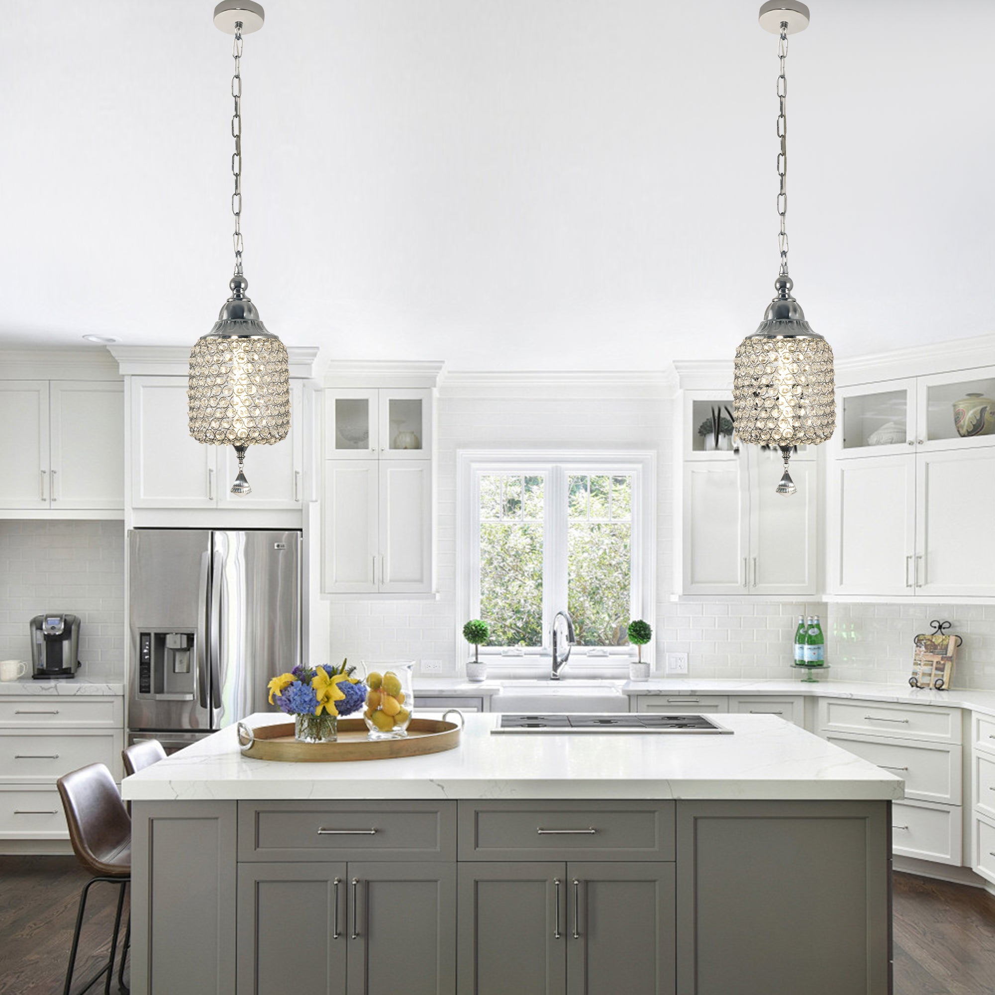 1 - Light Black/Chrome Cylinder Crystal LED Pendant Light, 7.3" Dining Room Light Fixtures Kitchen Island Light