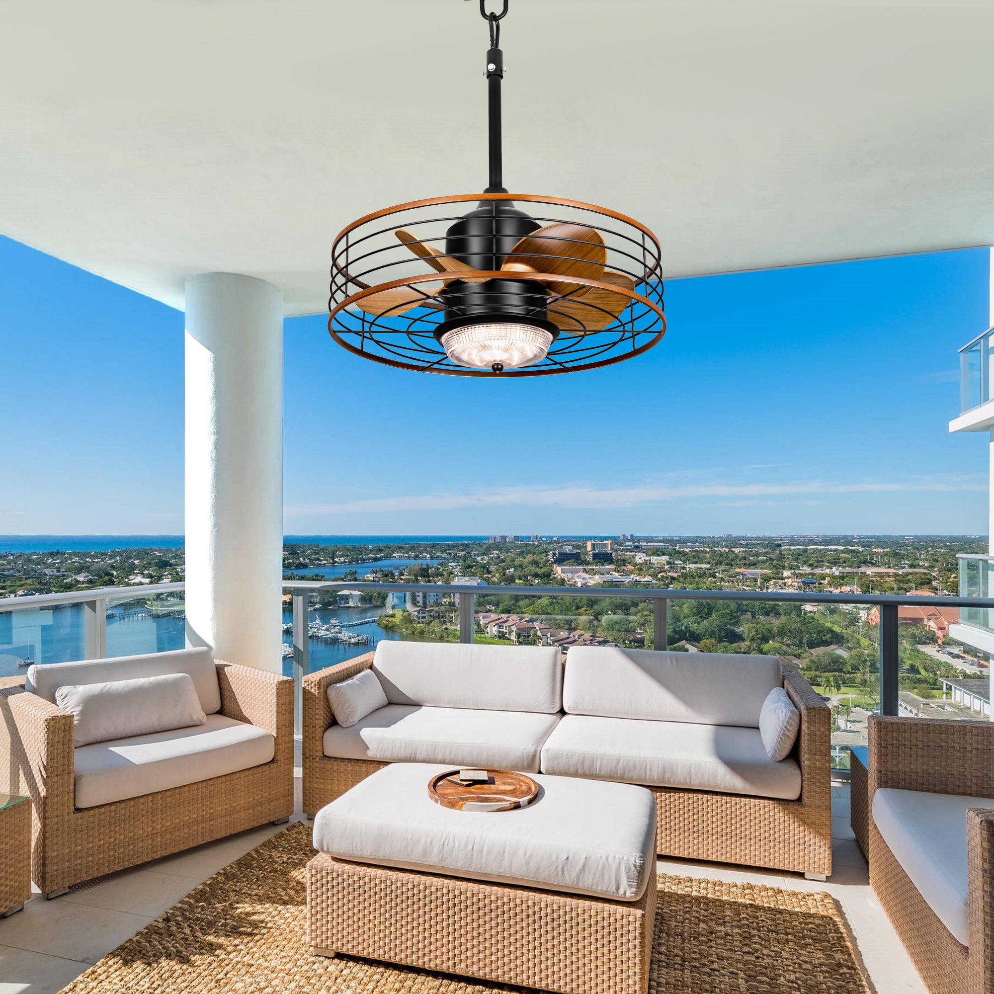 21 Inch Outdoor Waterproof Ceiling Fan with LED Light and Remote & APP Control, 6-Speed Reversible DC Motor Plug-in Ceiling Fan for Patio