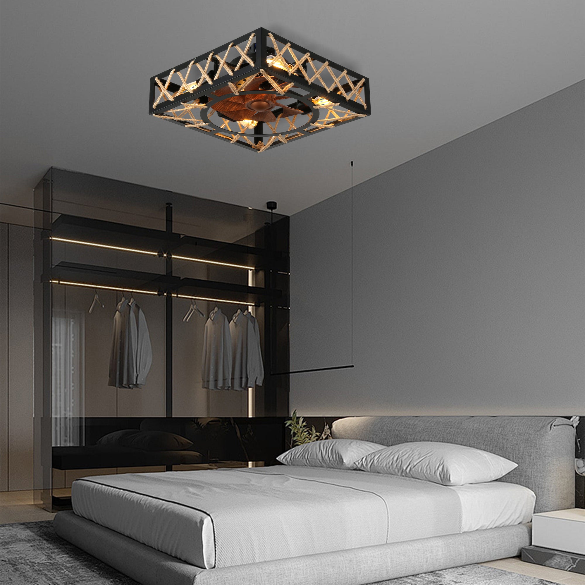 DC1817-BellaDepot 18.1" Rectangular Shape Flush Mounted Reversible Ceiling Fan with Remote and 4 Lights, 6-speed Ceiling Fan