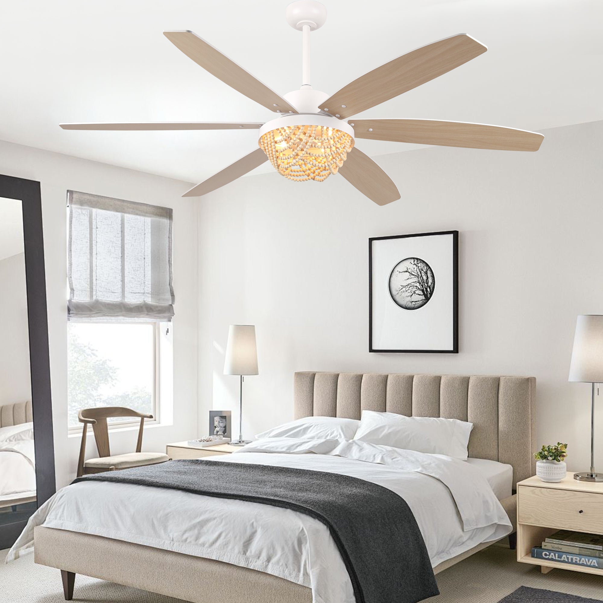 65 Inch White Bohemian  Ceiling Fan with Lights and Remote, 6 Speeds DC Motor Reversible Large Ceiling Fan for Living Room
